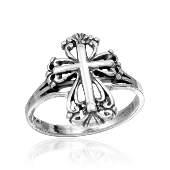 Rhodium Plated Sterling Silver Ancient Cross Ring Size 11