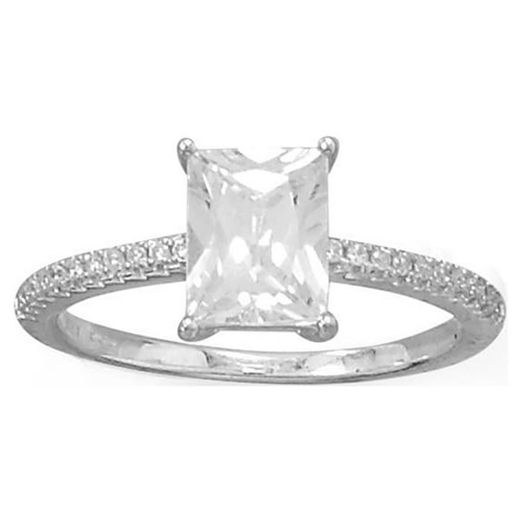 Rhodium Plated Sterling Silver Baguette Cut CZ Ring with CZ Band