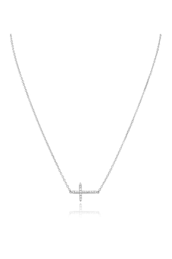 Rhodium Plated Sterling Silver CZ Sideways Cross Necklace, 16" + 2"