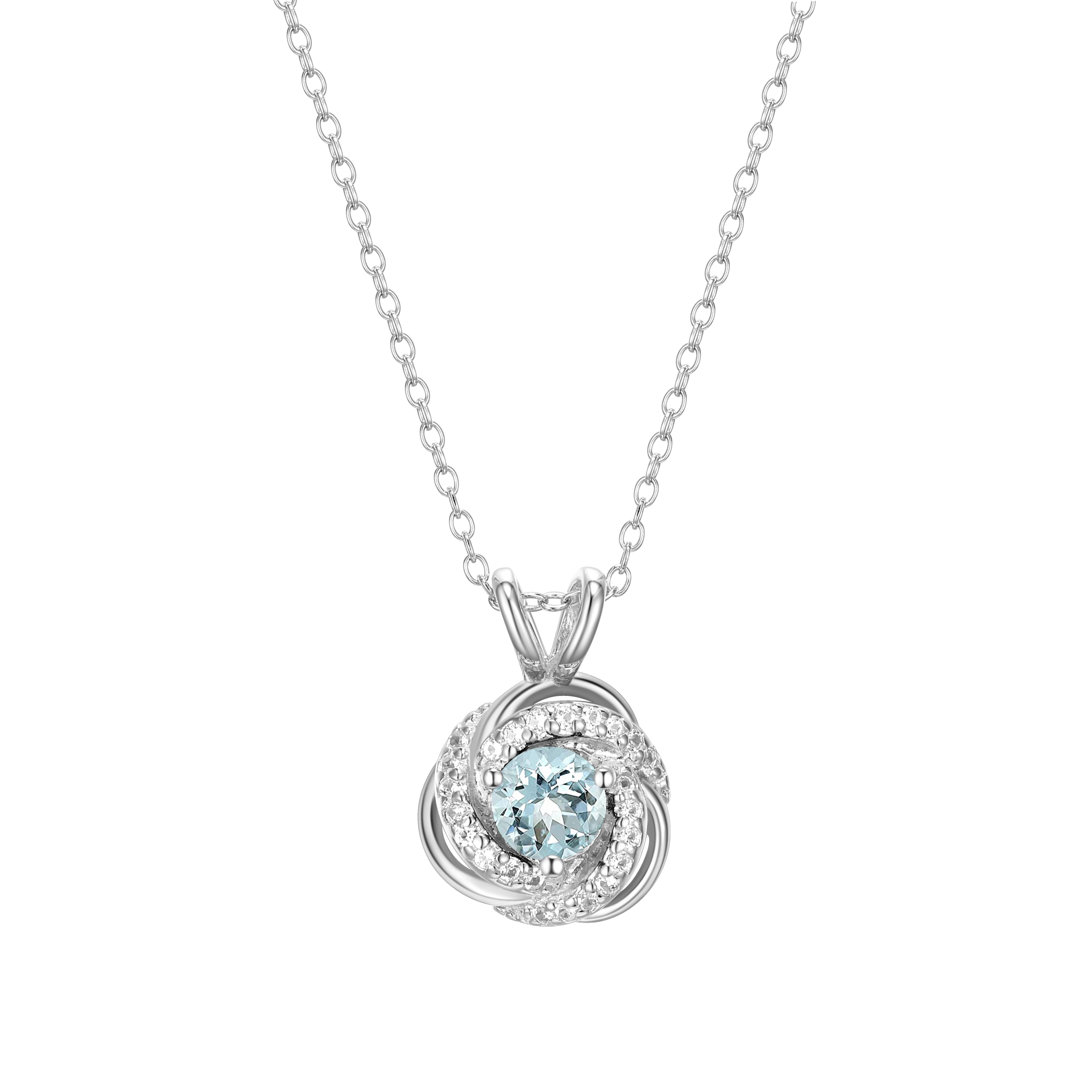 Rhodium Plated Sterling Silver Created Aquamarine March Birthstone Love Knot Pendant Necklace for Women Gift for Her