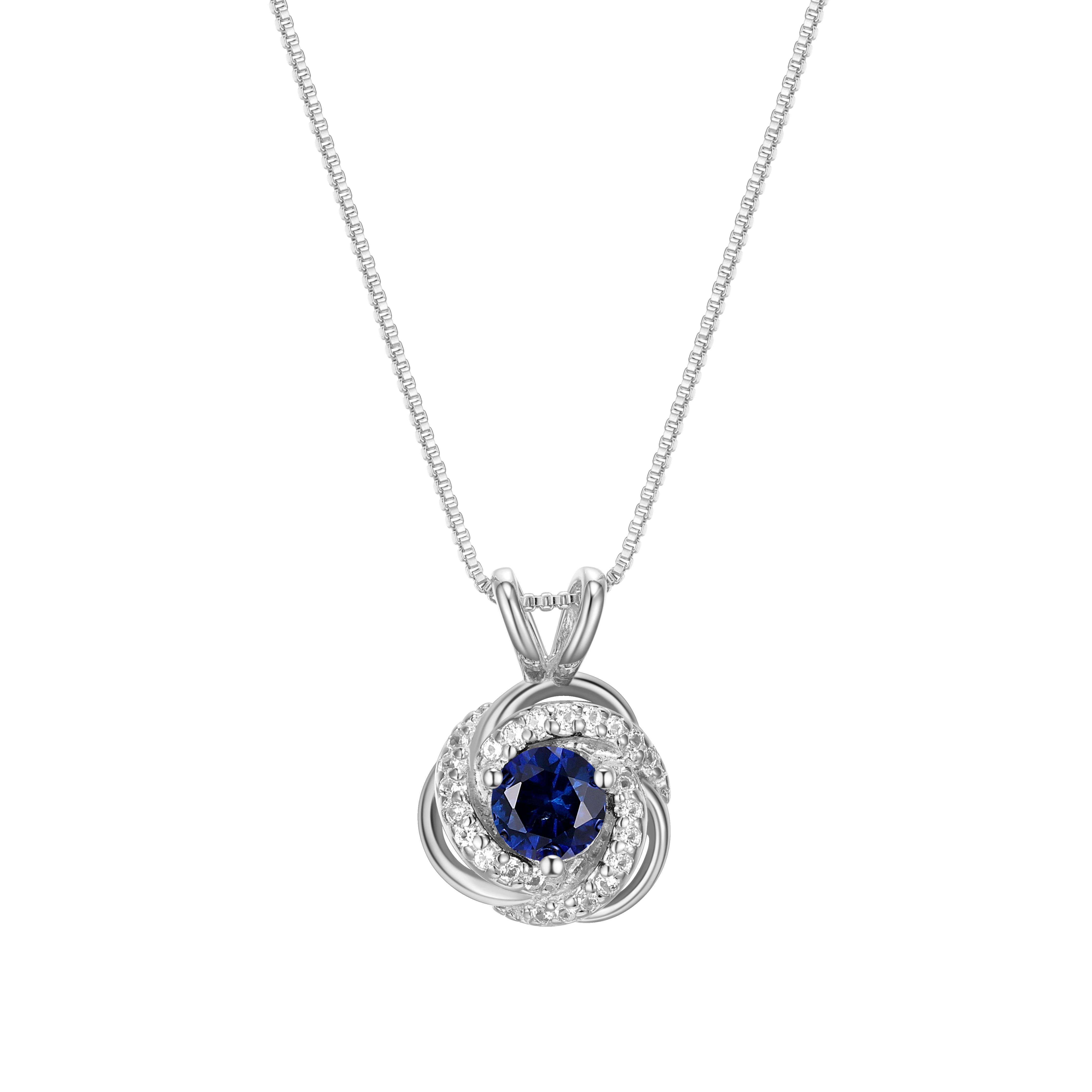 Rhodium Plated Sterling Silver Created Blue Sapphire September Birthstone Love Knot Pendant Necklace for Women Gift for Her