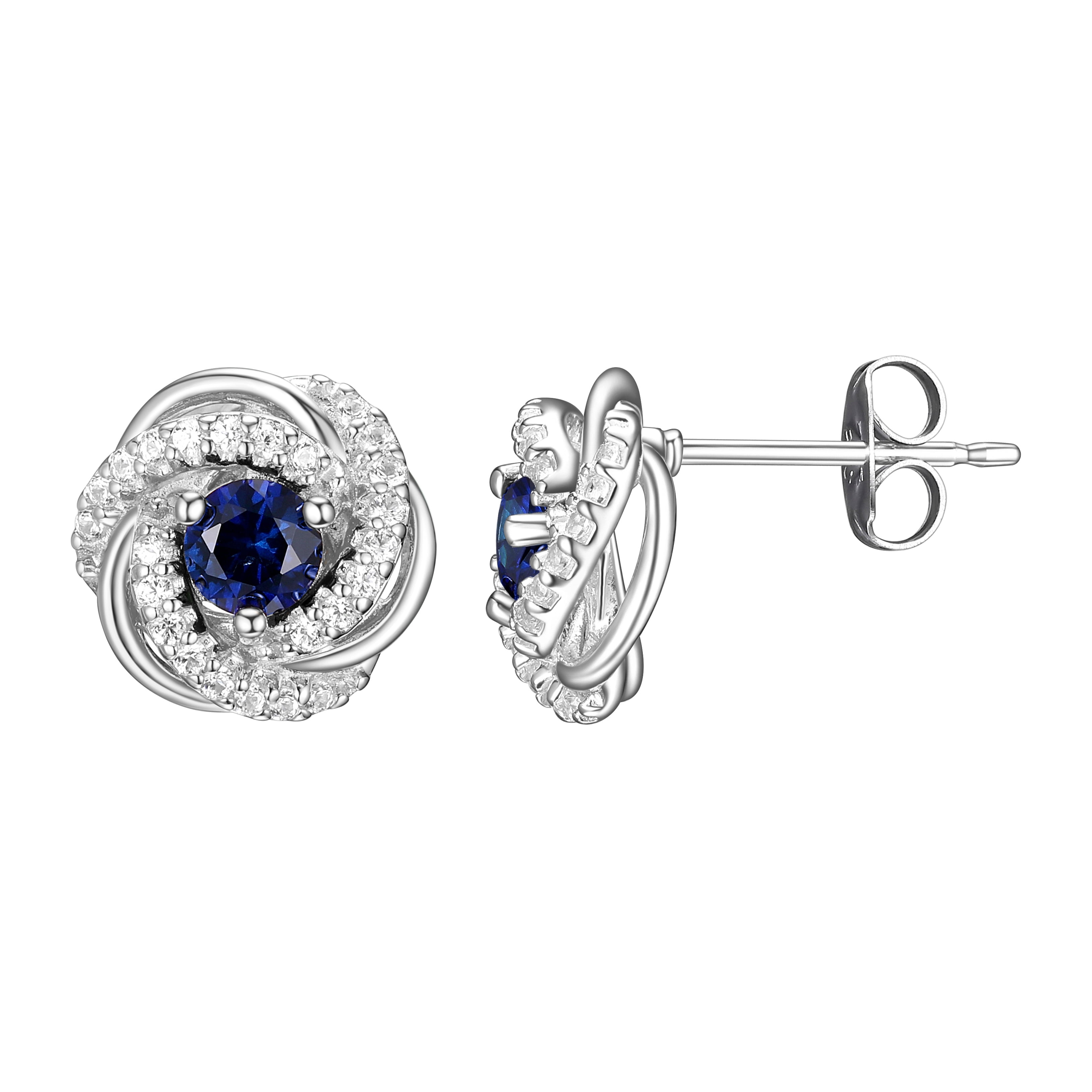Rhodium Plated Sterling Silver Created Blue Sapphire September Birthstone  Love Knot Stud Earrings for Women Gift for Her