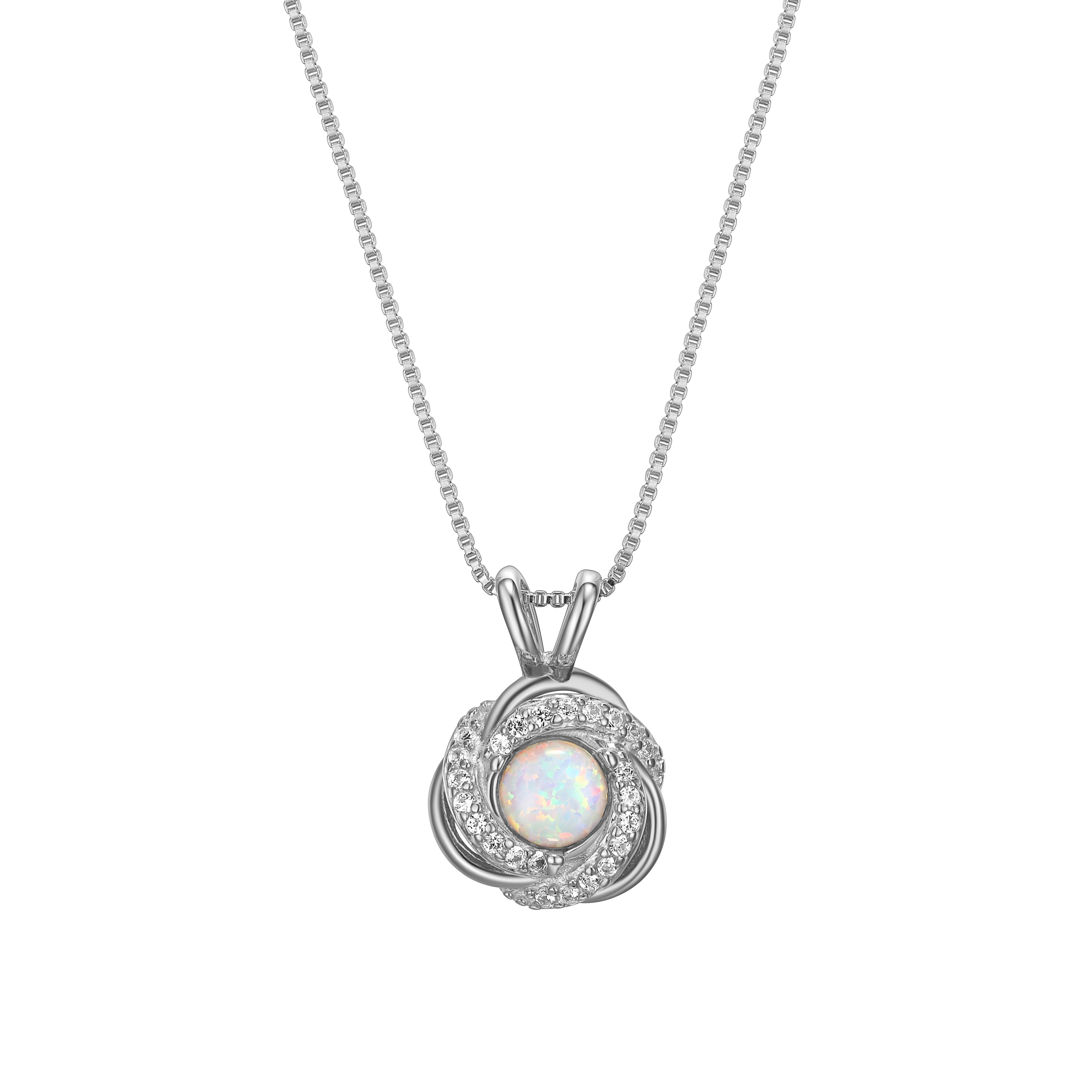 Rhodium Plated Sterling Silver Created Opal October Birthstone Love Knot Pendant Necklace for Women Gift for Her