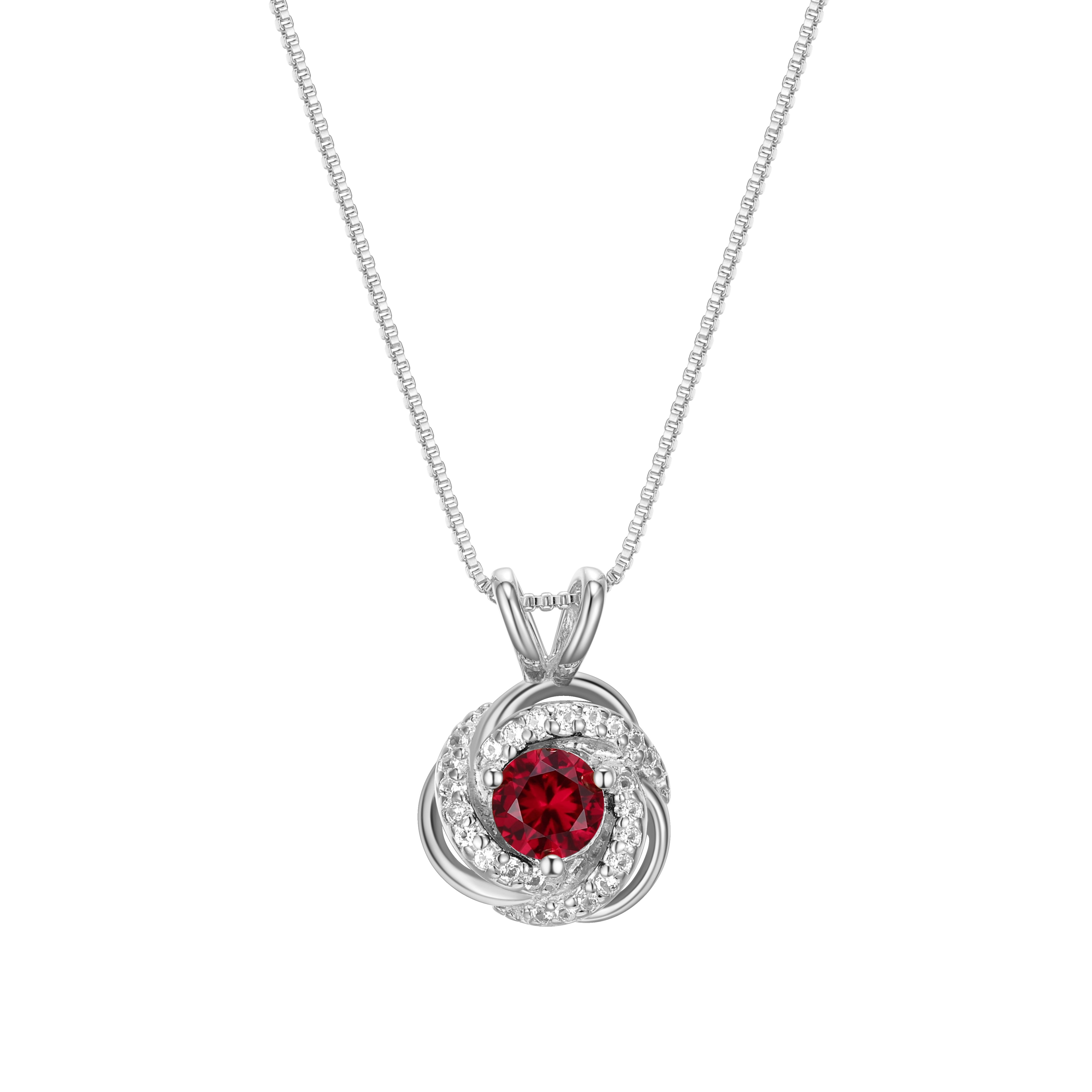 Rhodium Plated Sterling Silver Created Ruby July Birthstone Love Knot Pendant Necklace for Women Gift for Her
