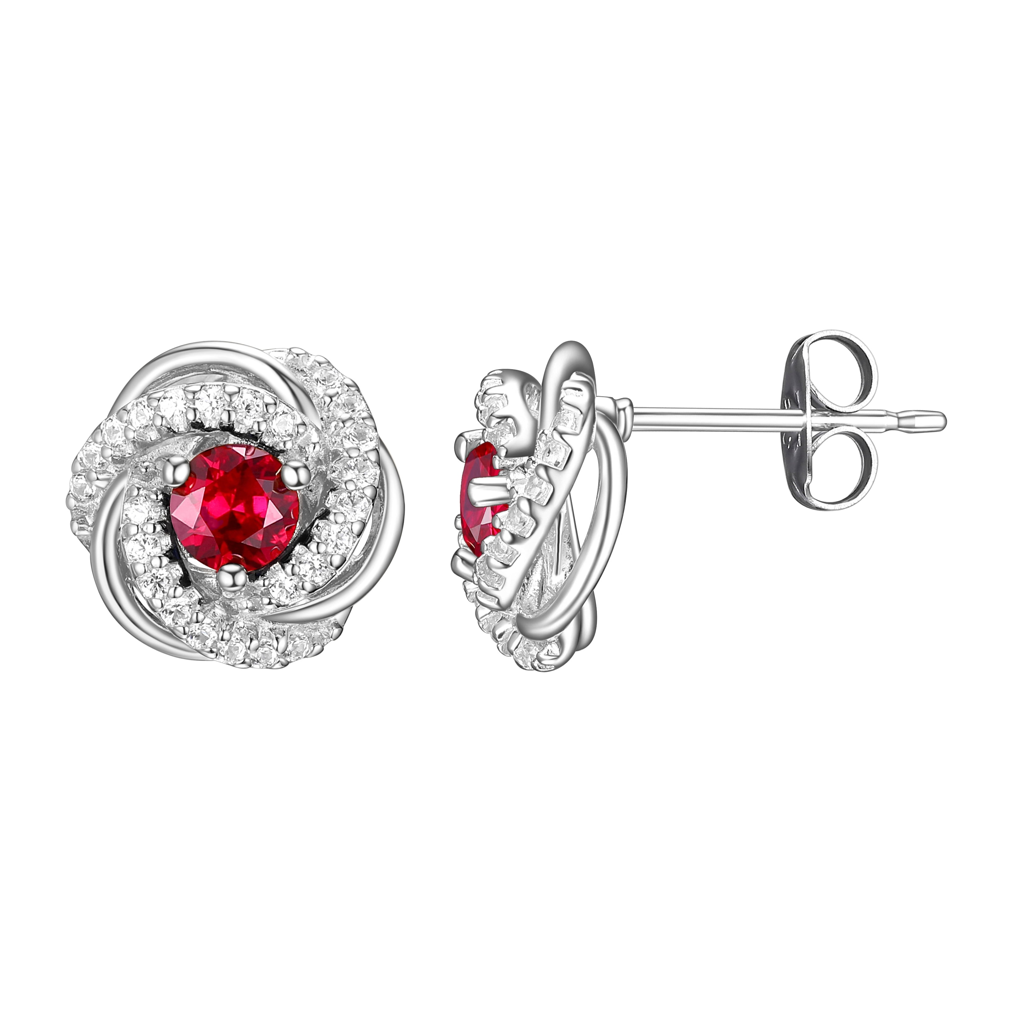 Rhodium Plated Sterling Silver Created Ruby July Birthstone Love Knot Stud Earrings for Women Gift for Her