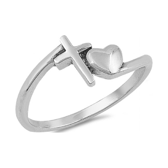 Rhodium Plated Sterling Silver Cross And Heart Ring