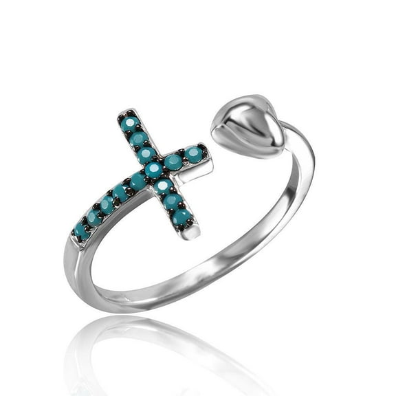 Rhodium Plated Sterling Silver Cross Heart Ring Simulated Turquoise Blue CZ Female Size 5