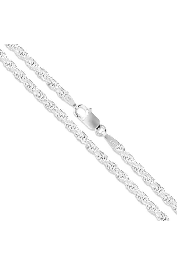 Rhodium Plated Sterling Silver Diamond-Cut Rope Chain 3mm Solid 925 Italy Necklace 20" Jewelry Female