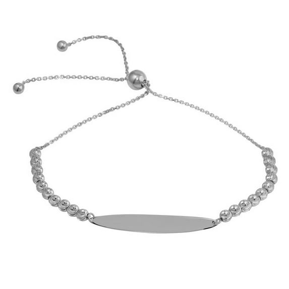 Rhodium Plated Sterling Silver Engraved Beaded ID Lariat Bracelet