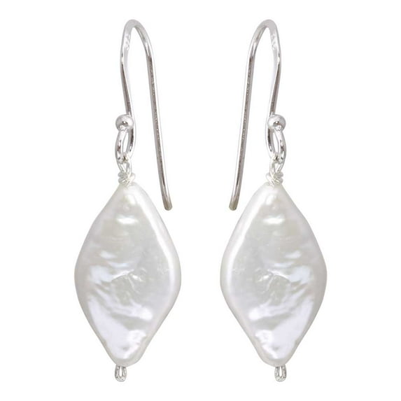 Rhodium Plated Sterling Silver Fish Hook Diamond Shape Dangling Pearl Earrings
