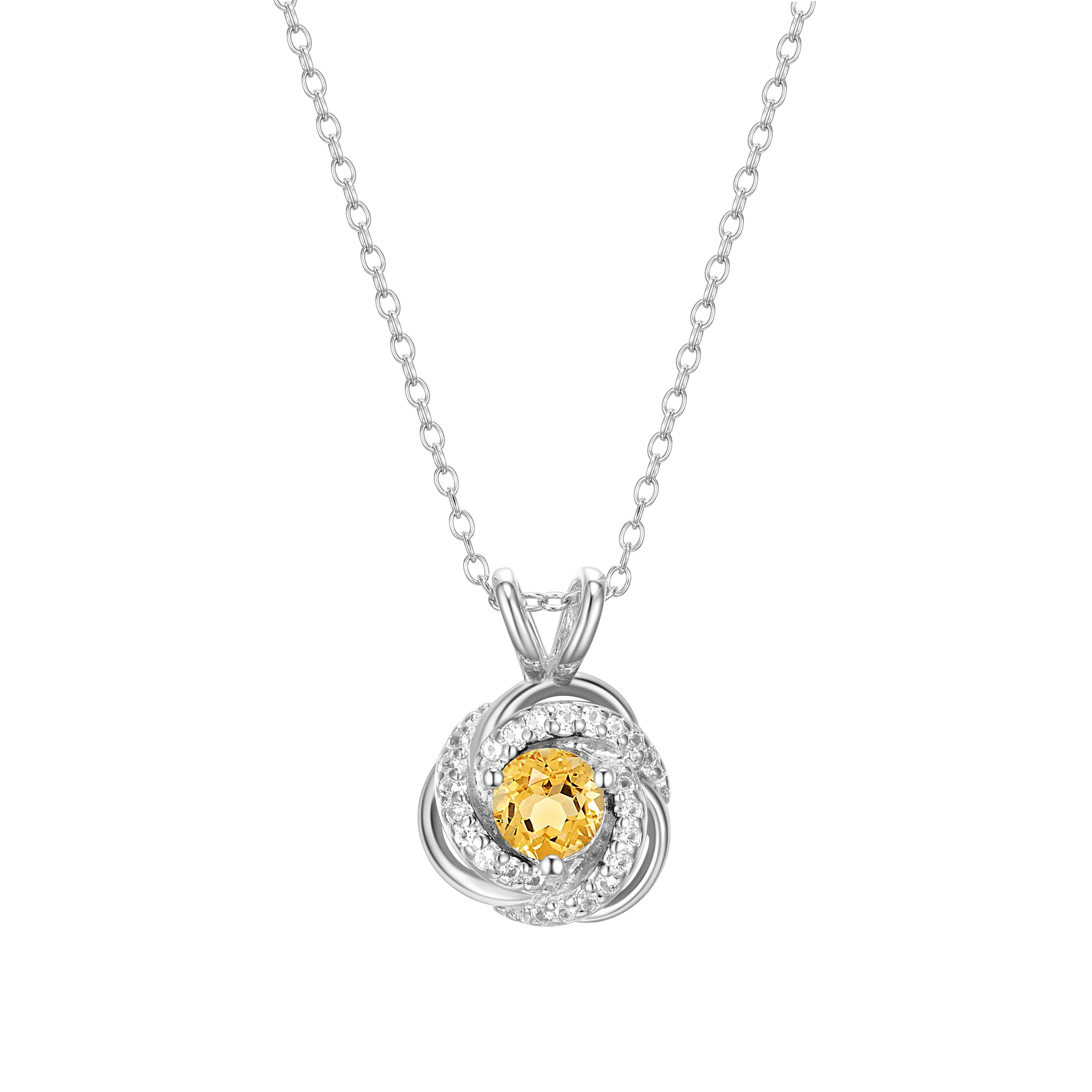 Rhodium Plated Sterling Silver Genuine Citrine November Birthstone Love Knot Pendant Necklace for Women Gift for Her