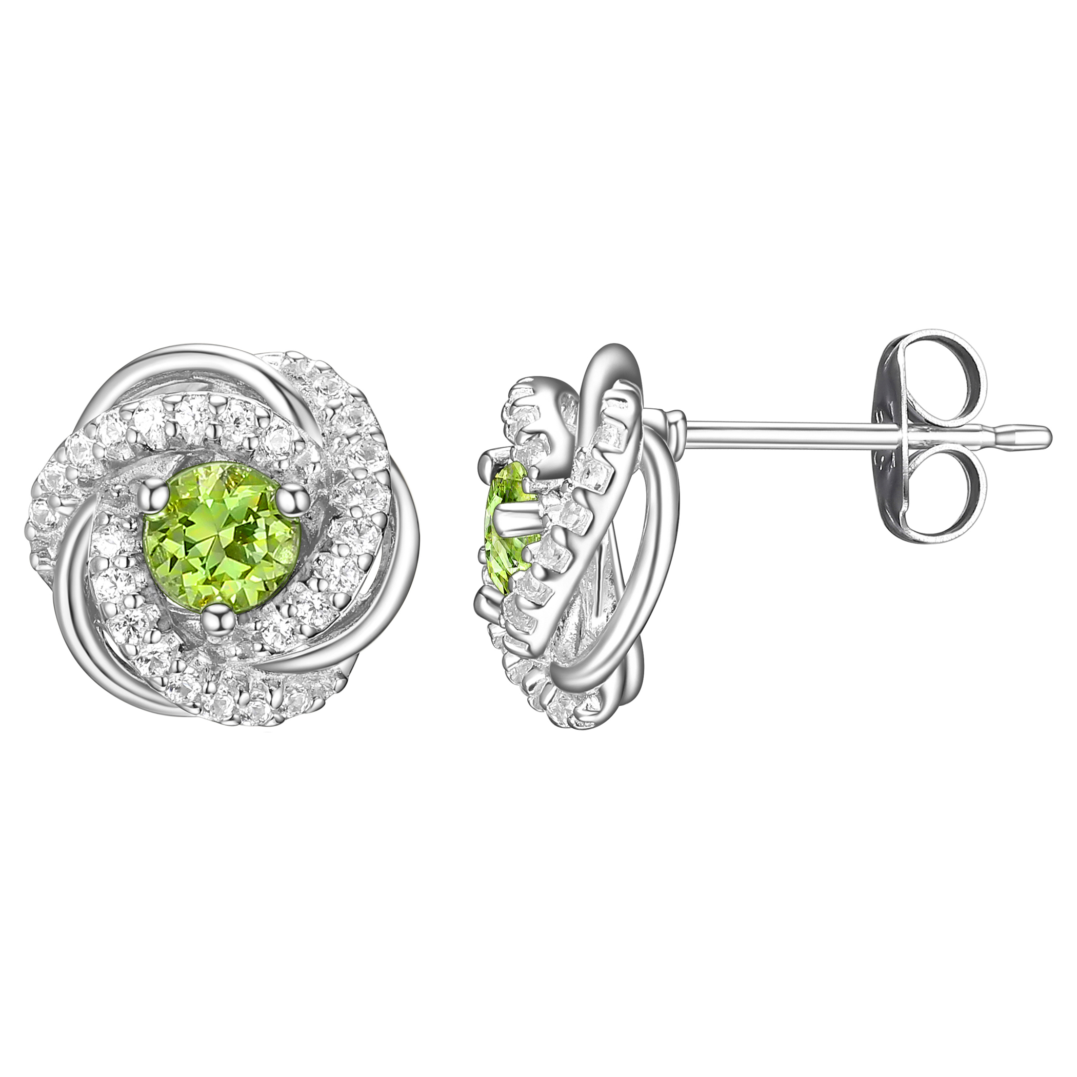Rhodium Plated Sterling Silver Genuine Peridot August Birthstone Love Knot Stud Earrings for Women Gift for Her