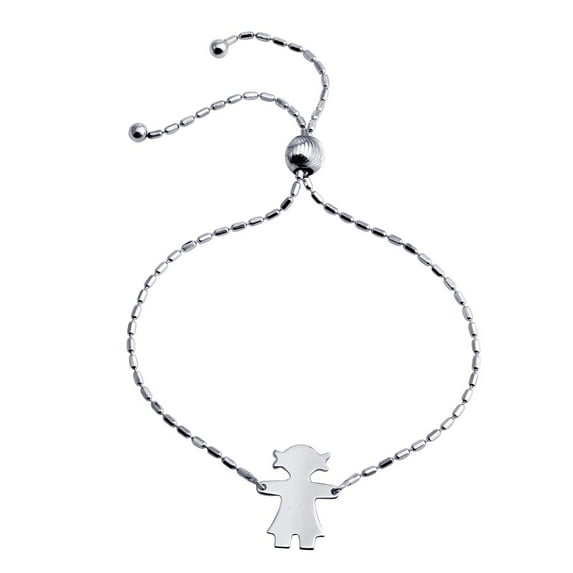 Rhodium Plated Sterling Silver Girl Charm Lariat Bracelet