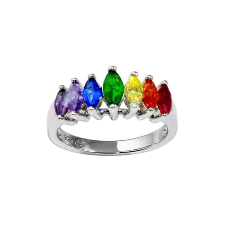 Rhodium Plated Sterling Silver Graduated Multi-color Marquise Ring CZ Jewelry Female Size 5