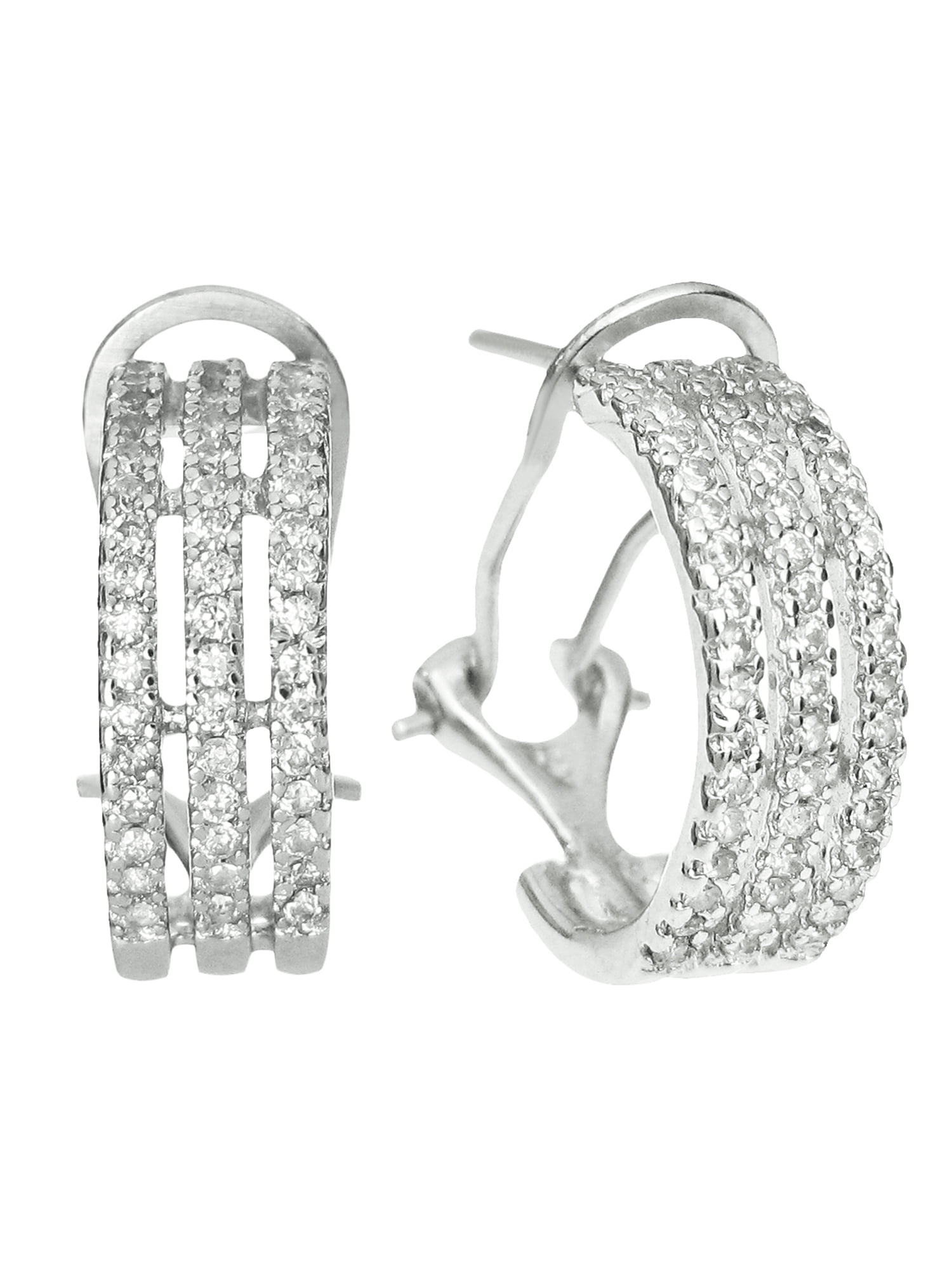 Rhodium-Plated Sterling Silver Half Hoop Clear Cubic Zirconia Crystal French Clip Earrings