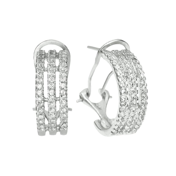 Rhodium-Plated Sterling Silver Half Hoop Clear Cubic Zirconia Crystal French Clip Earrings