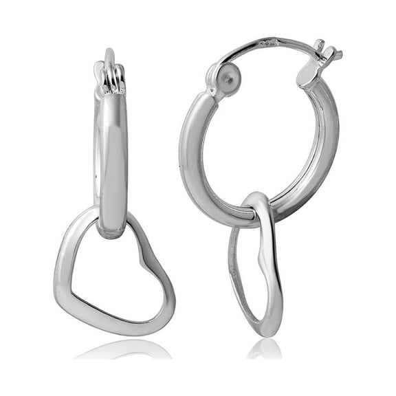 Rhodium Plated Sterling Silver Hanging Open Heart Huggie Earrings
