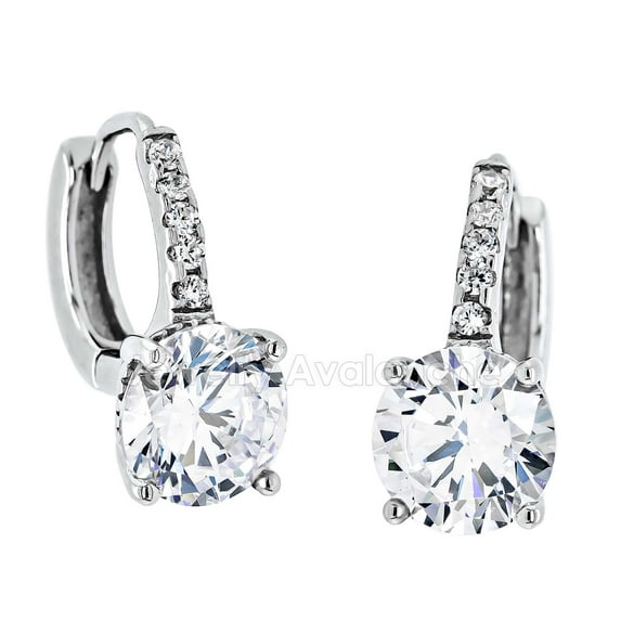 Rhodium Plated Sterling Silver Hoop Huggie Earrings with 7mm Solitaire Prong Set CZ - JAVA01247ER