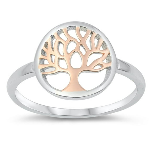 Rhodium Plated Sterling Silver Rose Gold-Tone Tree Of Life Ring Size 6