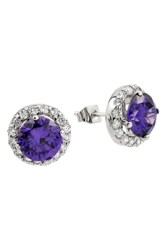 Rhodium Plated Sterling Silver Round Synthetic Amethyst CZ Stud Earrings