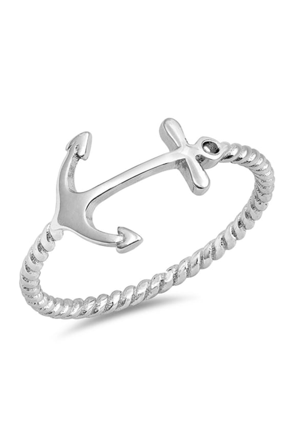 Rhodium Plated Sterling Silver Sideway Anchor Rope Band Ring