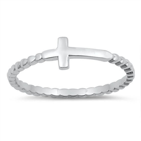 Rhodium Plated Sterling Silver Sideways Cross Beaded Band Ring Size 3