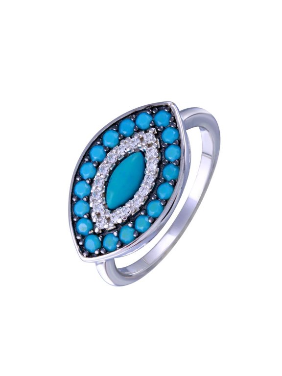 Rhodium Plated Sterling Silver Simulated Turquoise Clear Cubic Zirconia Eye Ring White Female Size 6
