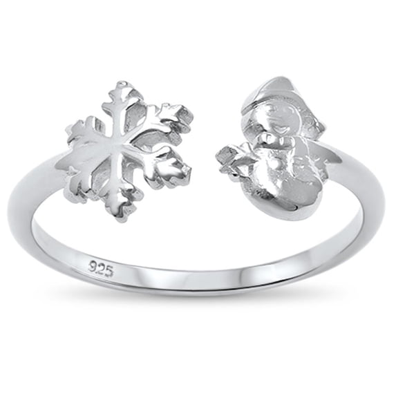Rhodium Plated Sterling Silver Snowman Snowflakes Ring Size 6