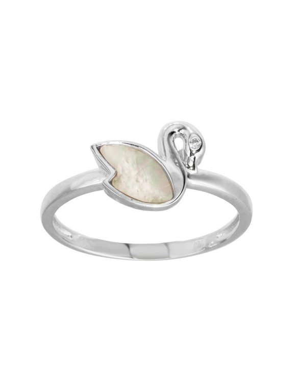 Rhodium Plated Sterling Silver Swan Simulated Mother of Pearl Ring White CZ Female Size 7