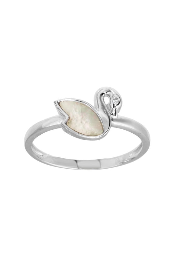Rhodium Plated Sterling Silver Swan Simulated Mother of Pearl Ring White CZ Female Size 9