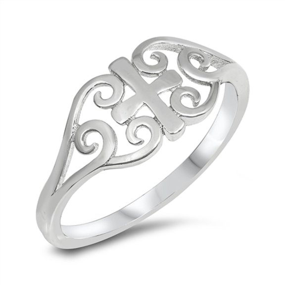 Rhodium Plated Sterling Silver Swirl Medieval Cross Ring Size 10