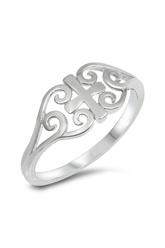 Rhodium Plated Sterling Silver Swirl Medieval Cross Ring Size 9
