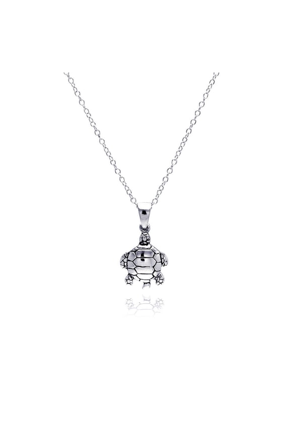 Rhodium Plated Sterling Silver Turtle Pendant Necklace