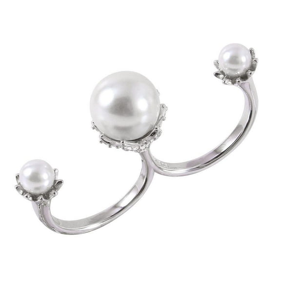 Rhodium Plated Sterling Silver Two Finger Cuff Ring Simulated Pearls Jewelry Female Male Size 6