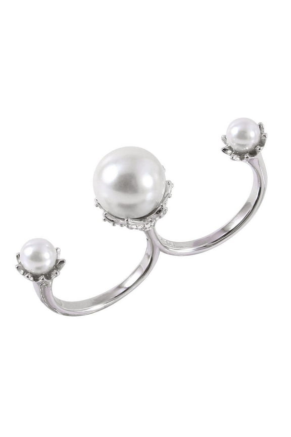 Rhodium Plated Sterling Silver Two Finger Cuff Ring Simulated Pearls Jewelry Female Male Size 7