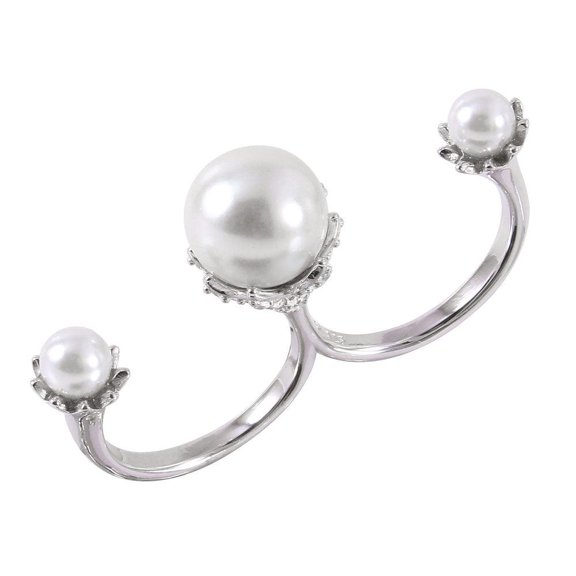 Rhodium Plated Sterling Silver Two Finger Cuff Ring Simulated Pearls Jewelry Female Male Size 8