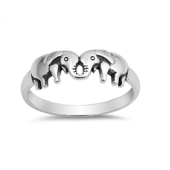 Rhodium Plated Sterling Silver Two Loving Elephants Ring