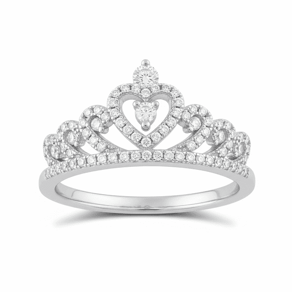 Rhodium Plated Sterling Silver Womens Cz Cubic Zirconia Princess Heart Crown Ring - Size 5