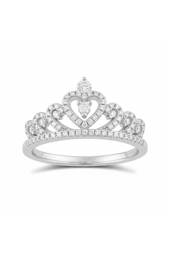 Rhodium Plated Sterling Silver Womens Cz Cubic Zirconia Princess Heart Crown Ring - Size 5