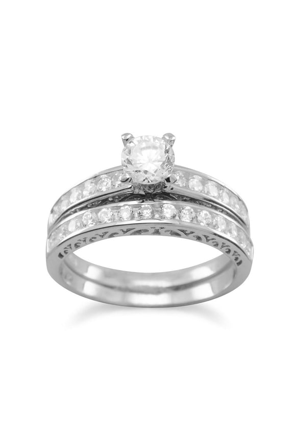 Rhodium Plated Sterling Silver and Cubic Zirconia Double Ring Wedding Band Set - Size 6