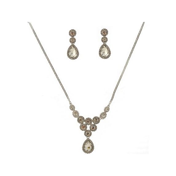 Rhodium Plating Crystal Stud Earrings and Pendant Necklace Jewelry Set