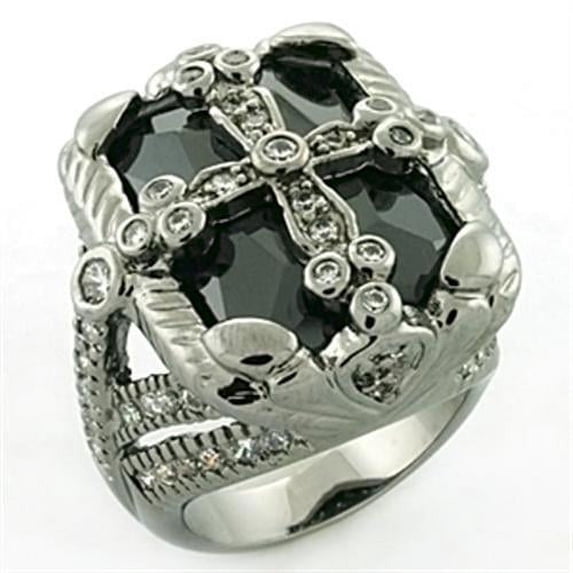 Rhodium + Ruthenium Brass Ring with AAA Grade CZ in Jet for Women Style LOA708