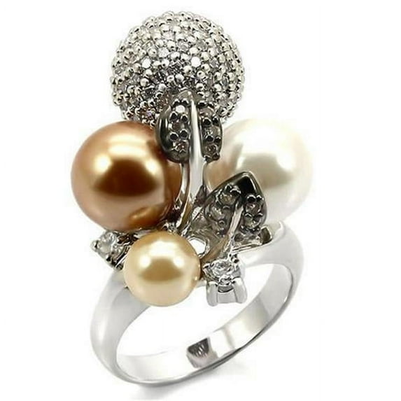 Rhodium & Ruthenium Brass Ring with Synthetic Pearl, Multi Color - Size 10