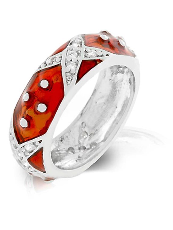 Rhodium and Ruby Red Hand Applied Enamel Set Over a Fine Jewelers Metal- Handset Clear CZs