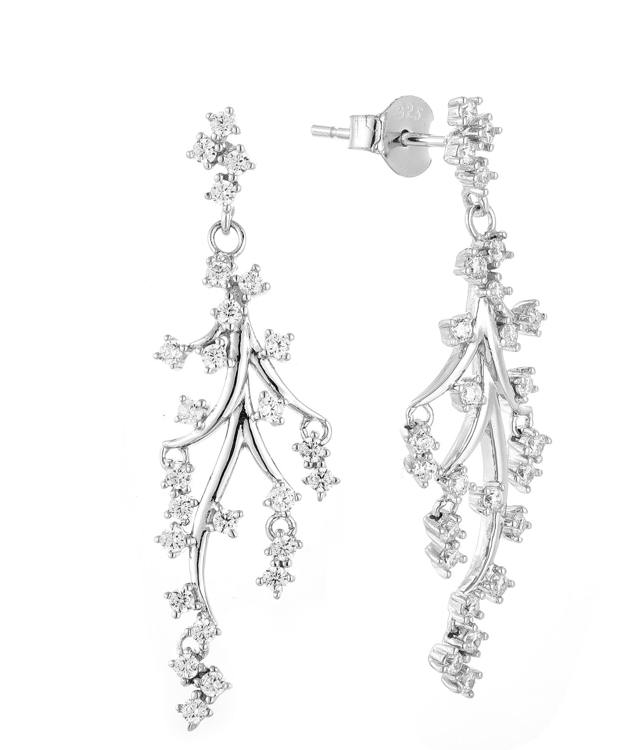 Jewelry for Today Branch Clear Diamond Earrings, 925 Sterling, Sterling Silver