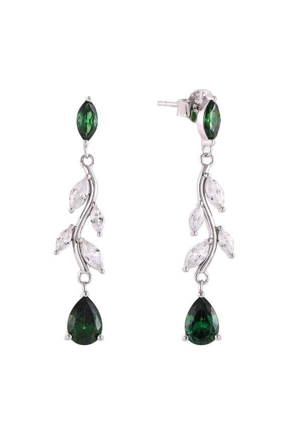 Rhodium-plated .925 Sterling lab-created Emerald and Diamond Vine Earrings