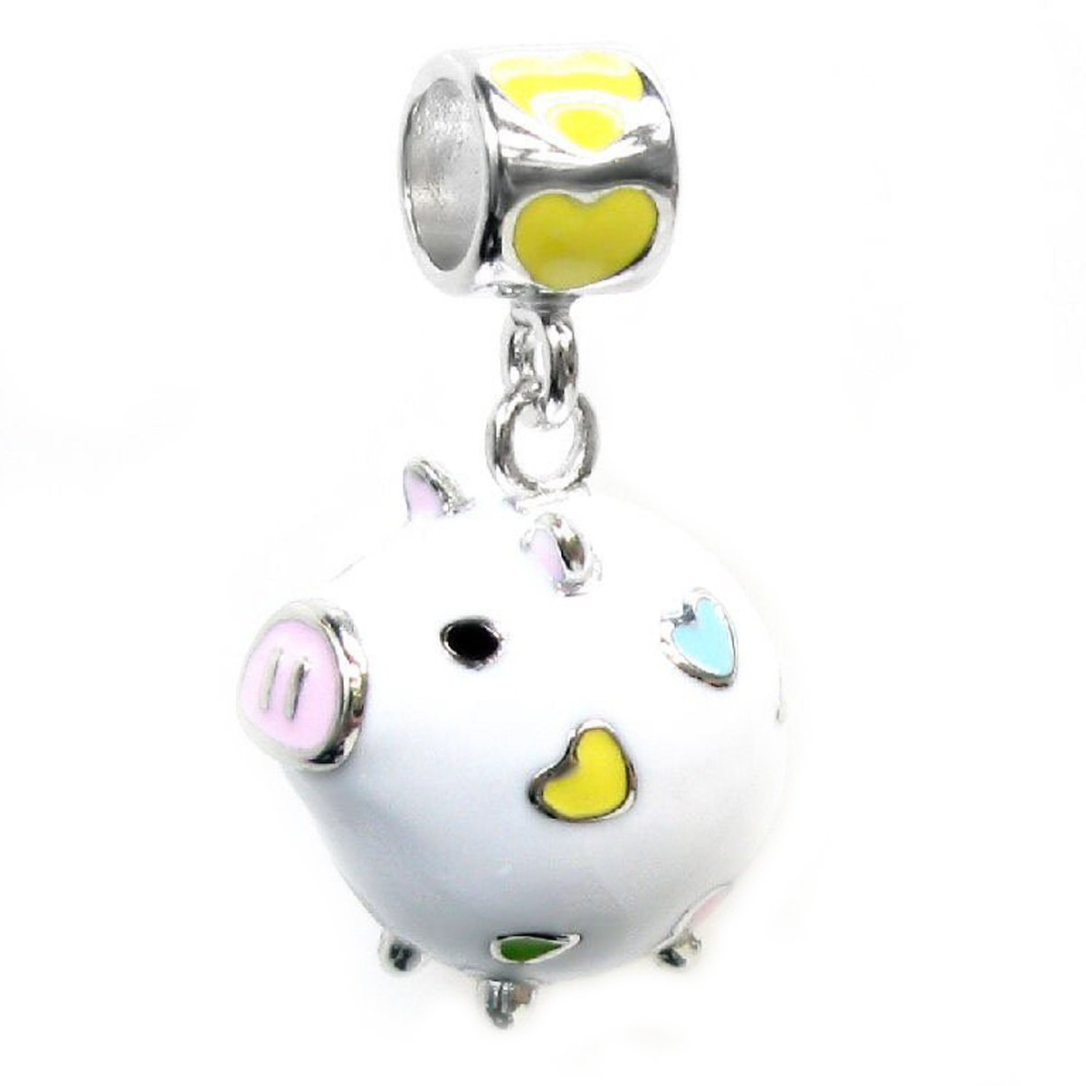 QUEENBERRY Rhodium-plated Sterling Silver 3-D White Pig Enamel European Style Dangle Bead Charm Fits Pandora