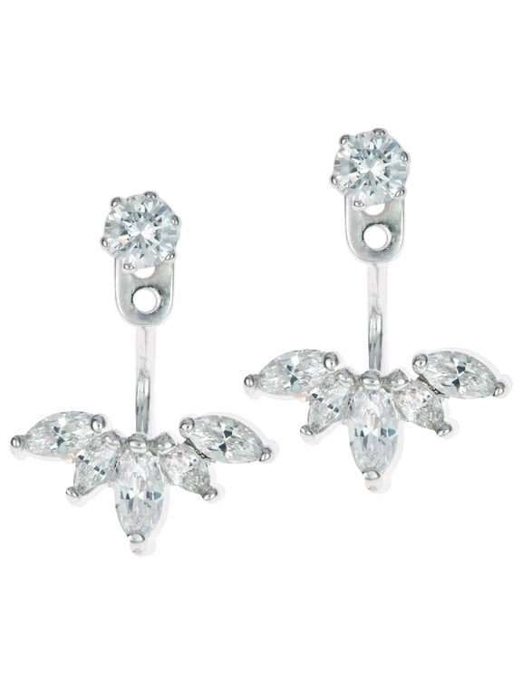Rhodium-plated Sterling Silver Clear Cubic Zirconia 2 In 1 Stud & Jacket Ear Cuff Dangle Earrings