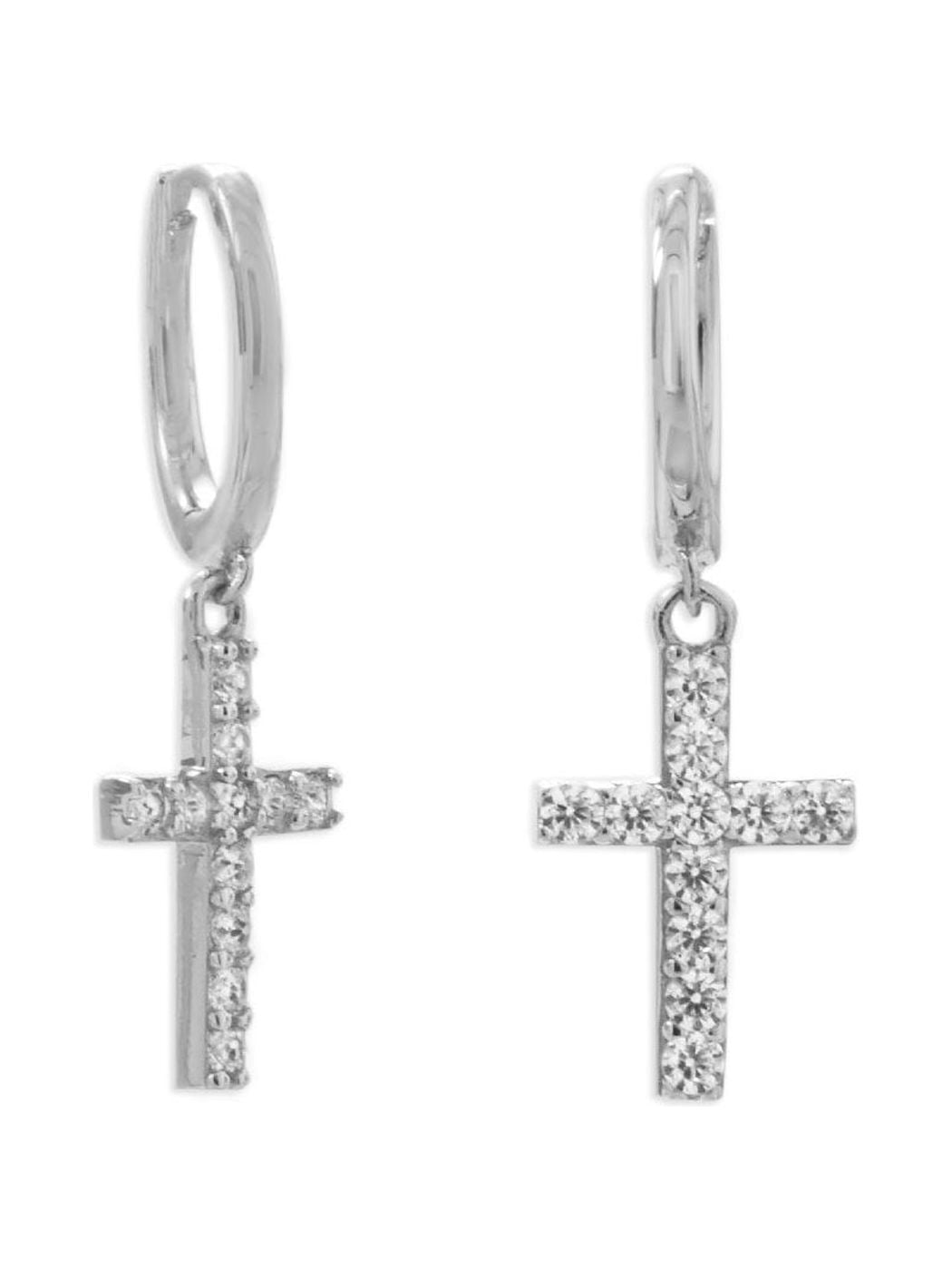 Rhodium-plated Sterling Silver Huggie Hoop Earrings with Dangle Cross Rhodium-plated Sterling Silver Huggie Hoop Earrings with Dangle Cross