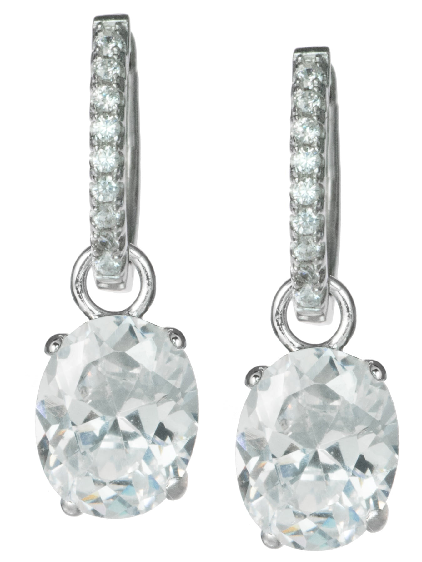 Rhodium-plated Sterling Silver Oval Clear Cubic Zirconia Charm Hoop Huggie Dangle Earrings